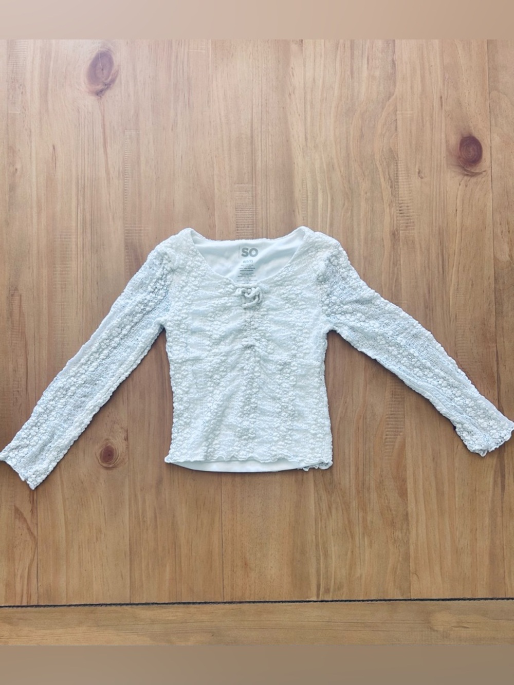 SO Girls Size 6/7 White Lacey Textured Long Sleeve Scoop Neck Top